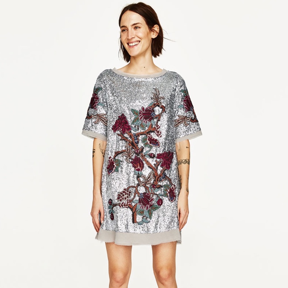 Zara Silver Sequin Embroidered Dress